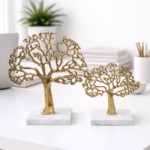 Golden Tree of Life Decorative Sculpture Set with Marble Base