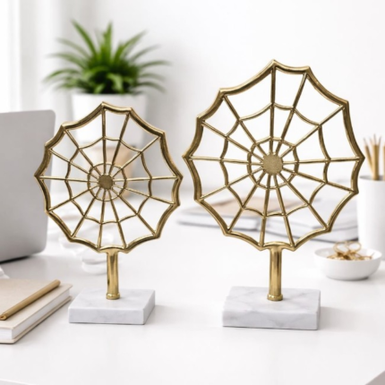 Luxury Golden Geometric Web Sculpture Set with Marble Base