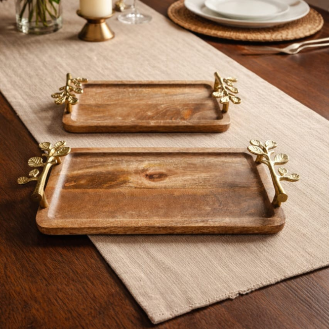 Wooden tray with gold aluminum handle