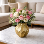 Modern Gold Geometric Flower Vase with Luxury Rose Arrangement
