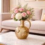 Luxury Gold Textured Ceramic Flower Vase with Pink Floral Arrangement