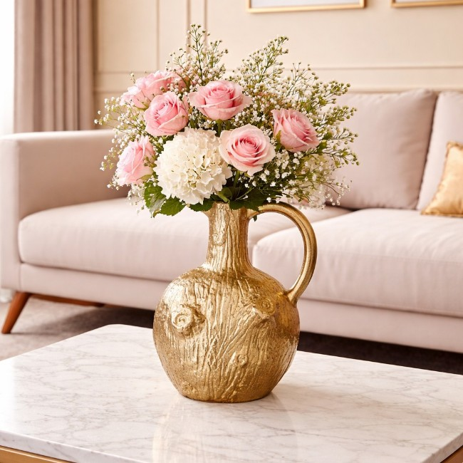 gul2 Luxury Gold Textured Ceramic Flower Vase with Pink Floral Arrangement - Image 1
