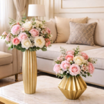Luxury Golden Flower Vase Set with Artificial Roses